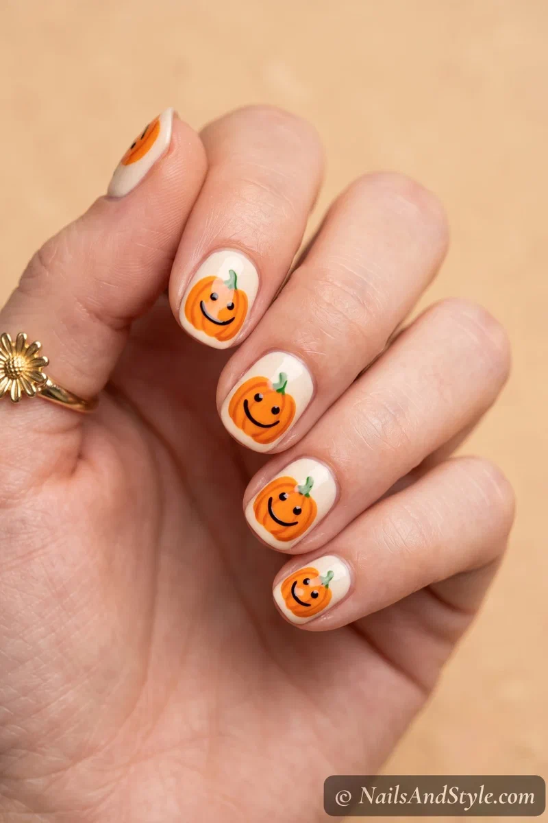 Short cream nails with a smiling orange pumpkin face