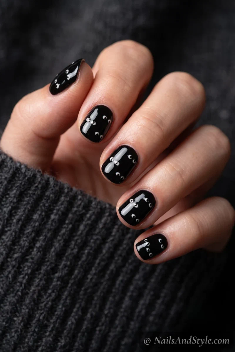 Short black nails with pairs of little peeking eyes