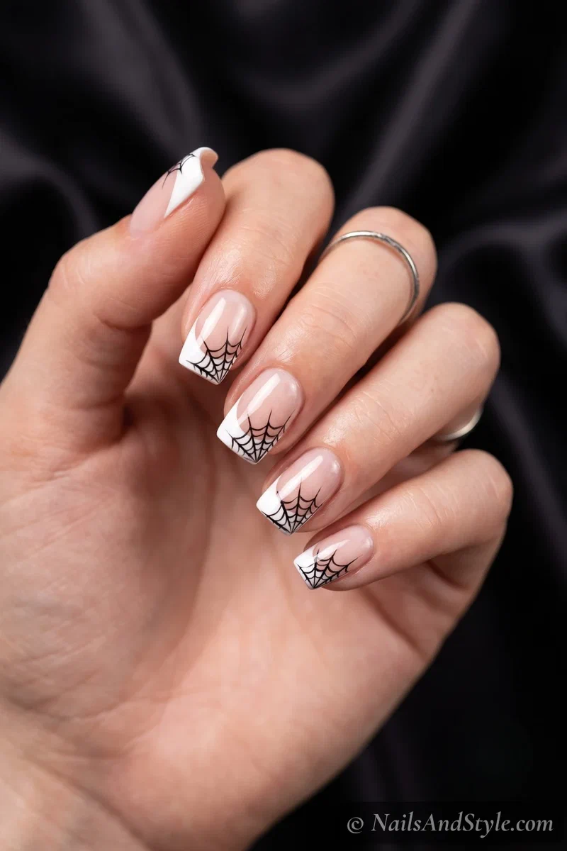 Short nails with French tips and a small black spider web