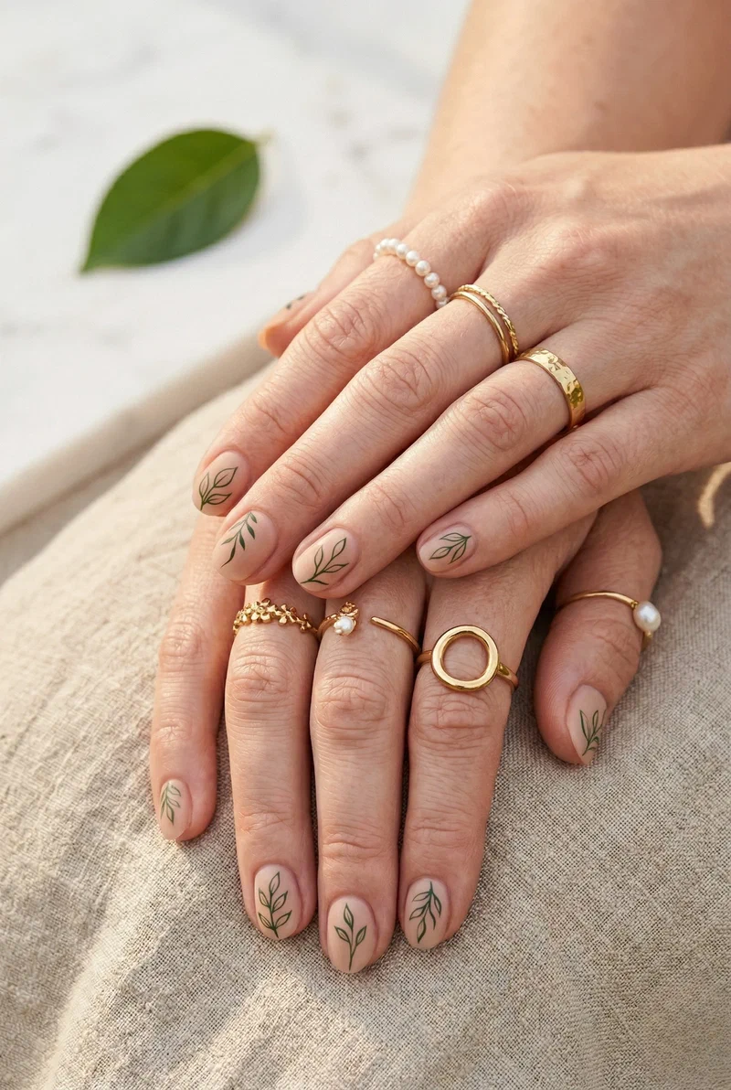 Minimalist botanical line art on nude short nails