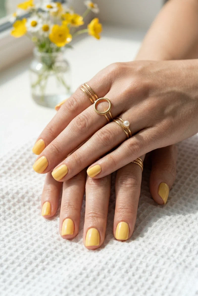 Butter yellow nail polish on short squoval nails