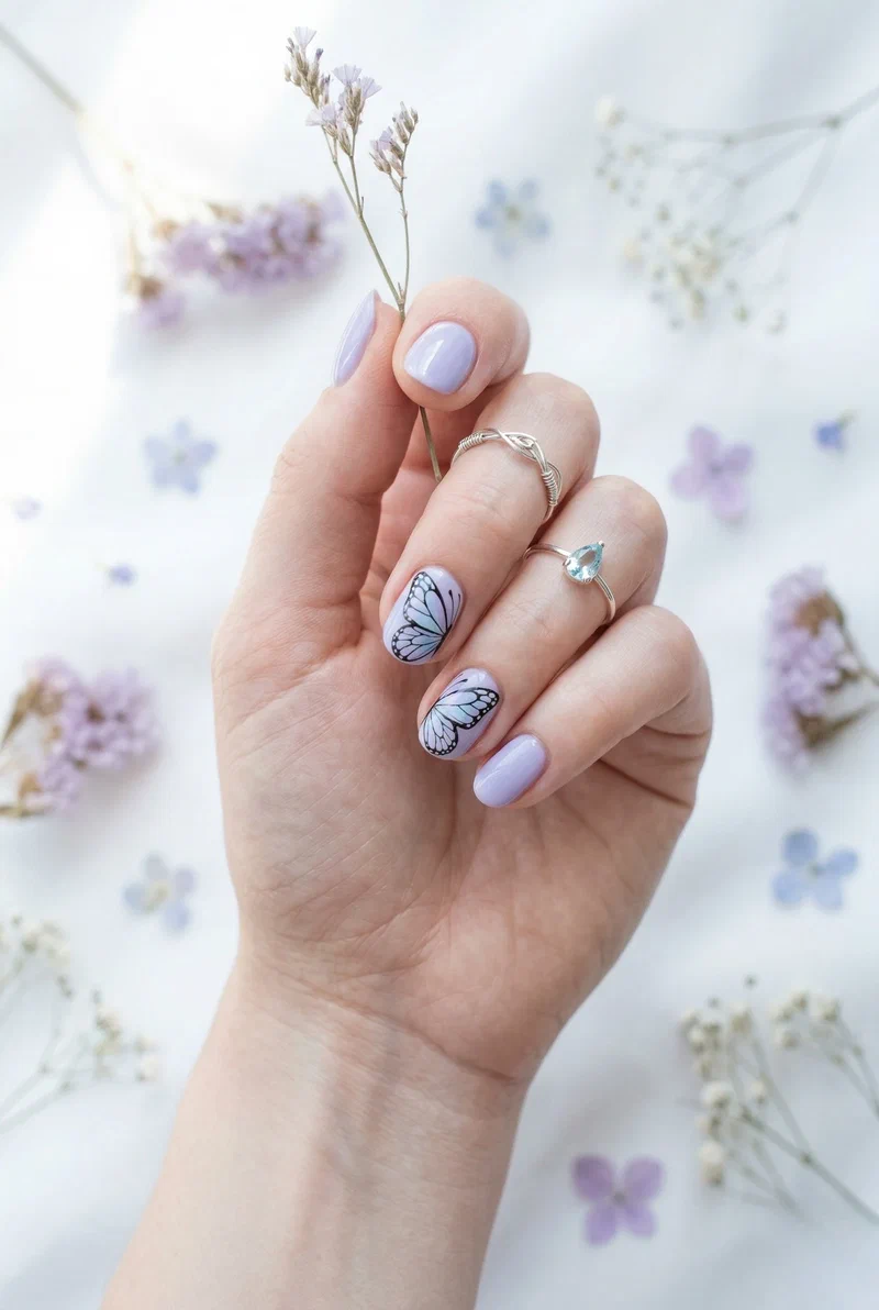 Butterfly wing accent nail art on lavender short nails