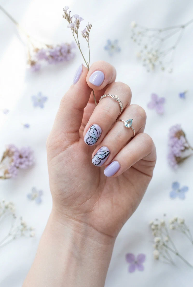 Butterfly wing accent nail art on lavender short nails