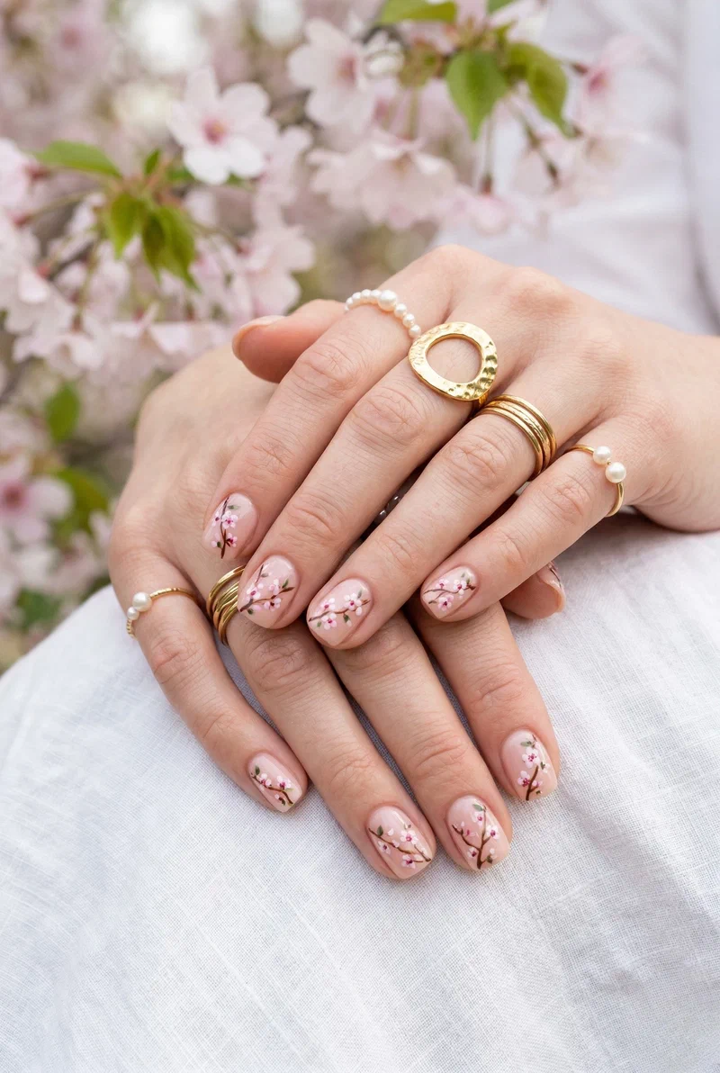 Cherry blossom floral nail art on short nails with nude base