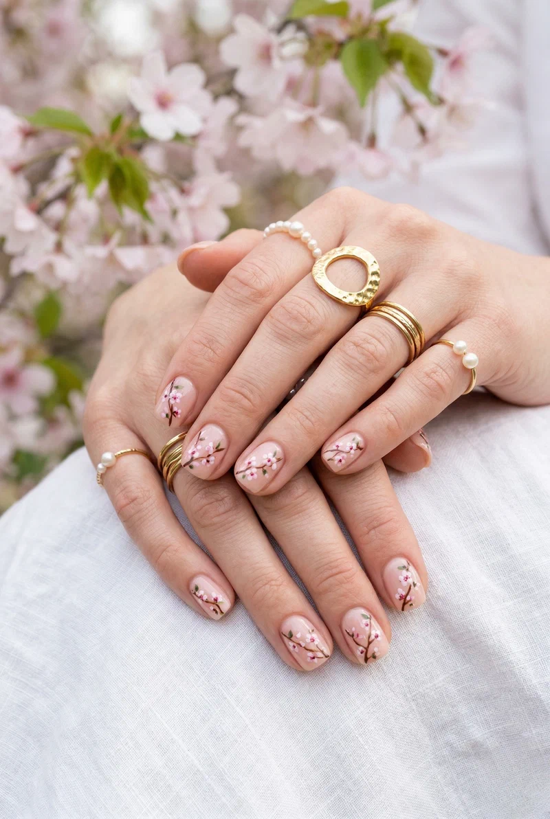 Cherry blossom floral nail art on short nails with nude base