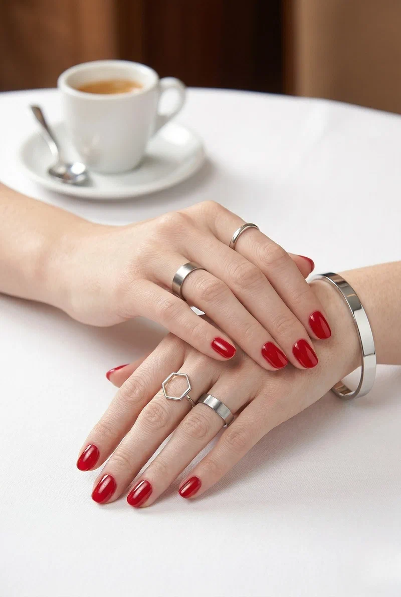 Cherry red glossy nails on short round nails