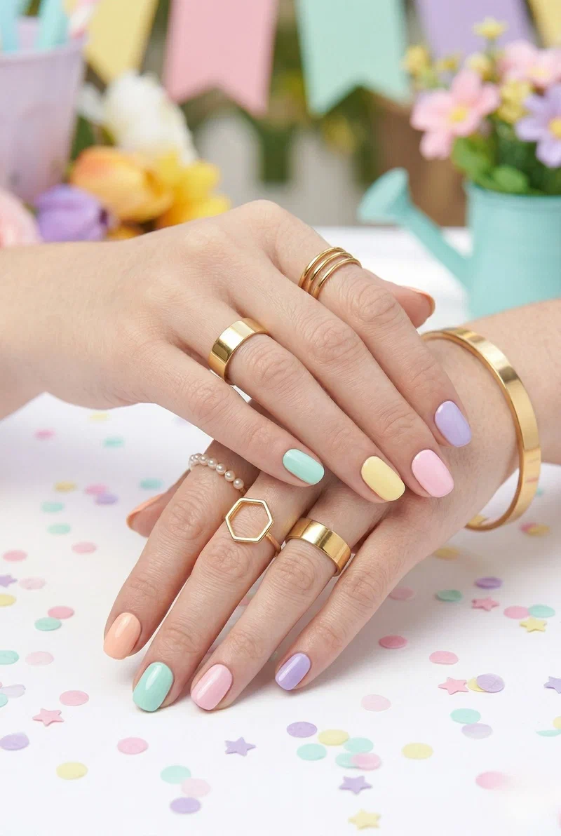 Colorful skittles manicure with different pastel on each short nail