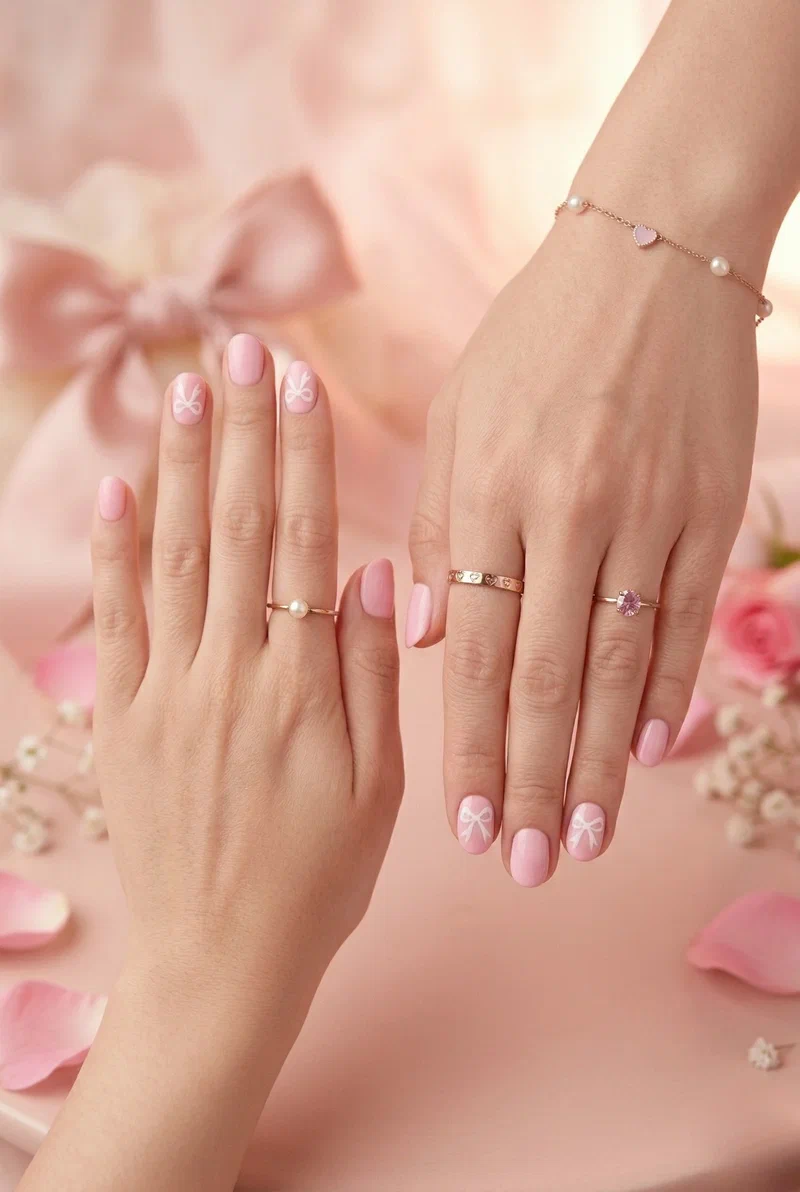 Coquette bow accent nail art on pink short nails
