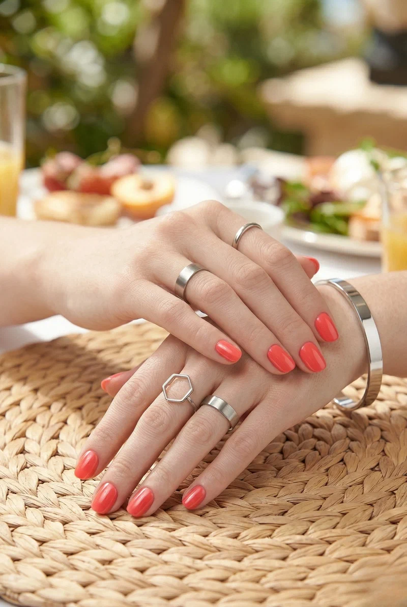 Coral polish on short squoval nails