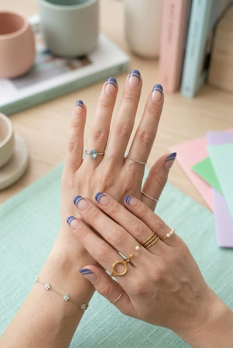 Double line French tip nail design on short nails