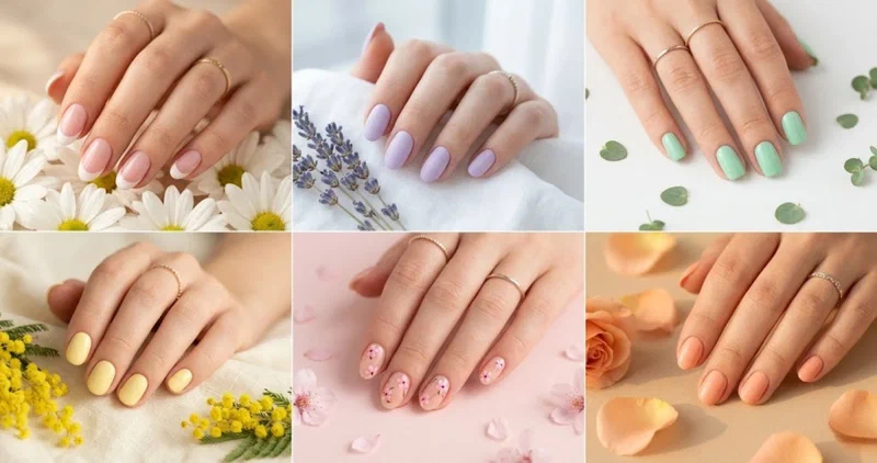 Collage of four short spring nail designs including milky pink, daisy art, pastel French tips, and glazed chrome