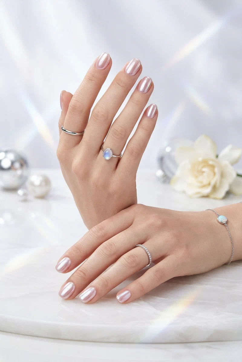 Glazed donut chrome finish on short round nails