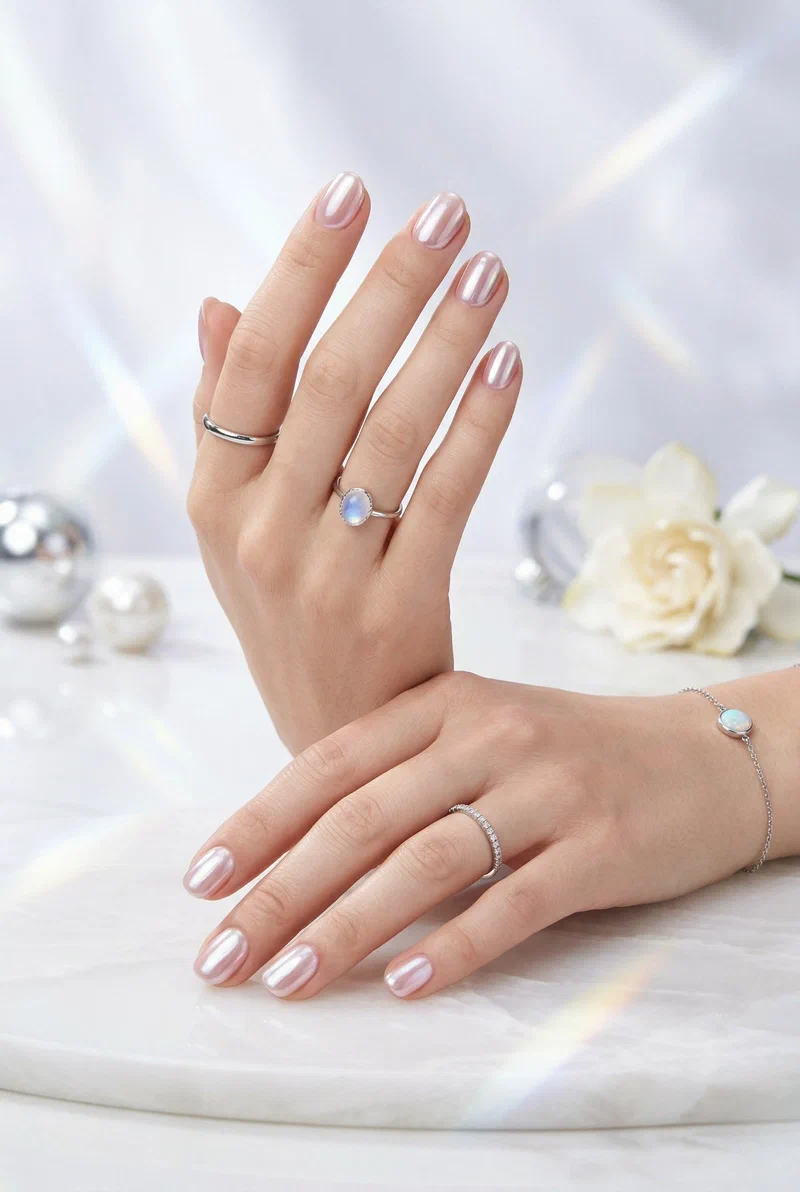 Glazed donut chrome finish on short round nails