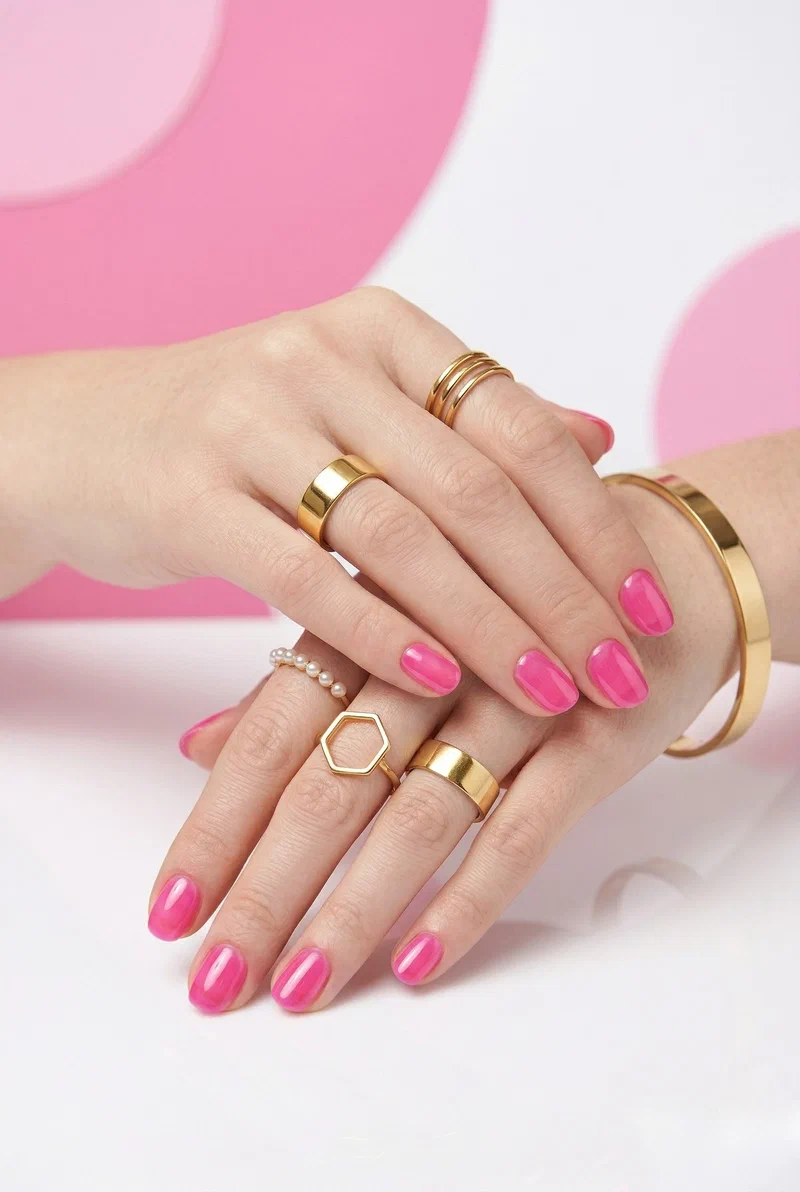Hot pink jelly sheer nails on short round nails