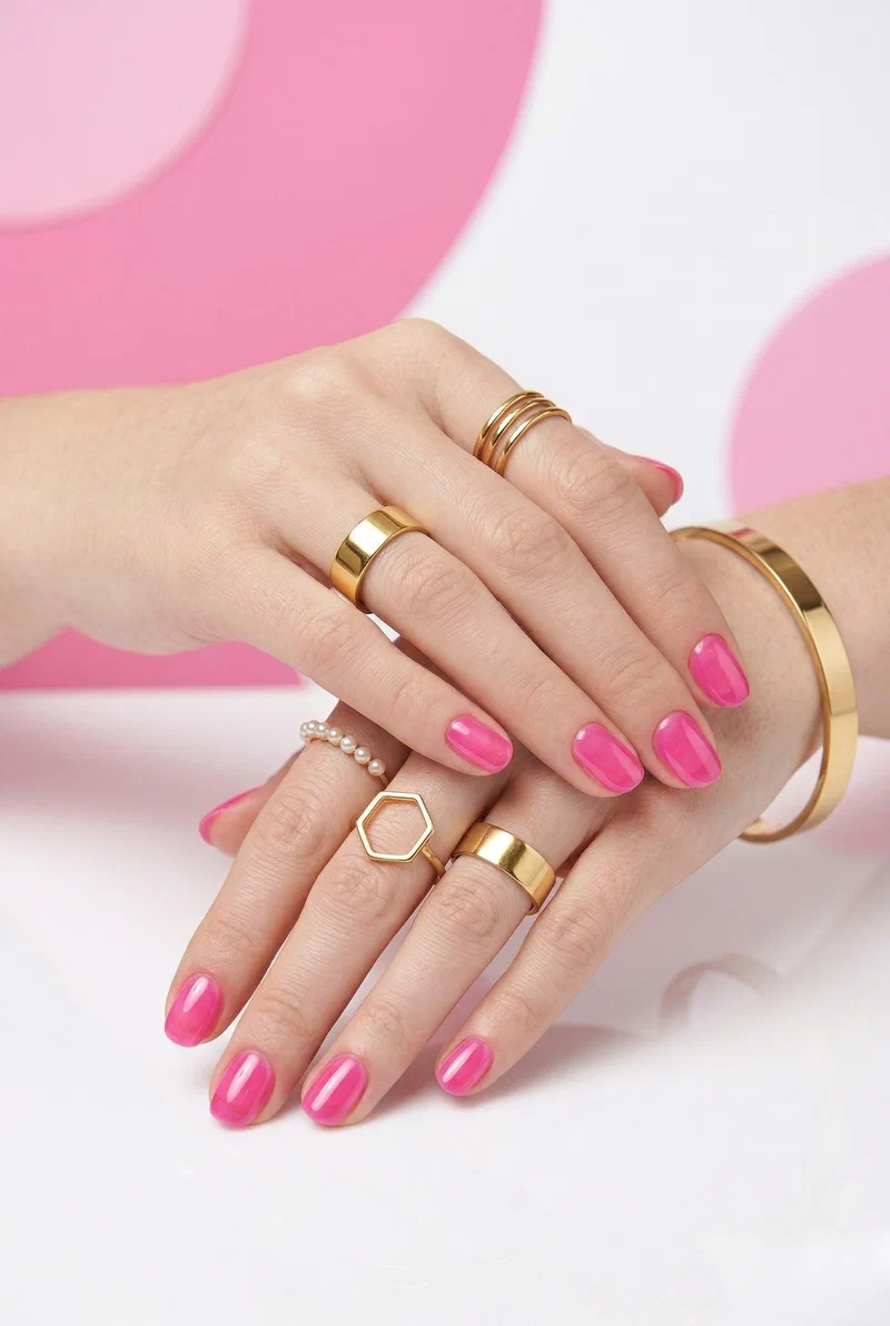 Hot pink jelly sheer nails on short round nails
