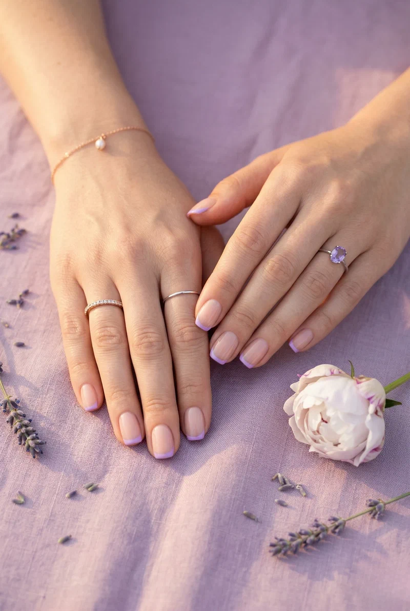 Lavender French tip nails on short nails with nude base