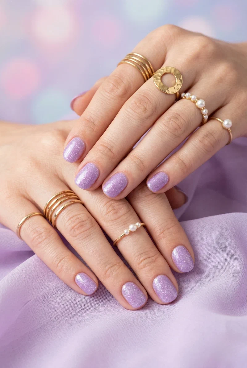Lilac shimmer nails on short round nails