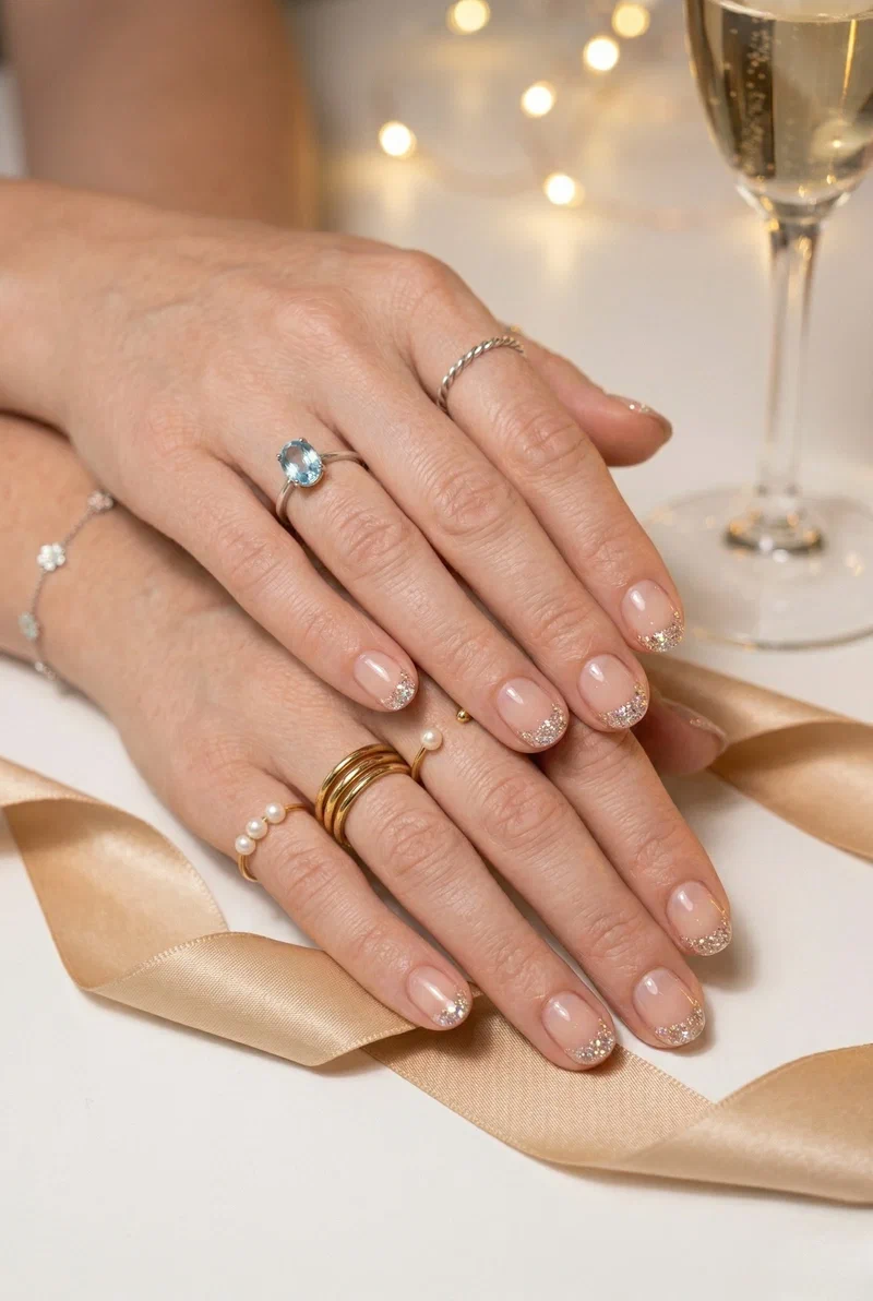 Micro glitter French tip nails on short round nails