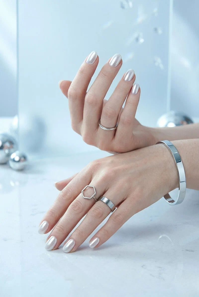 Milky white chrome finish nails on short oval nails