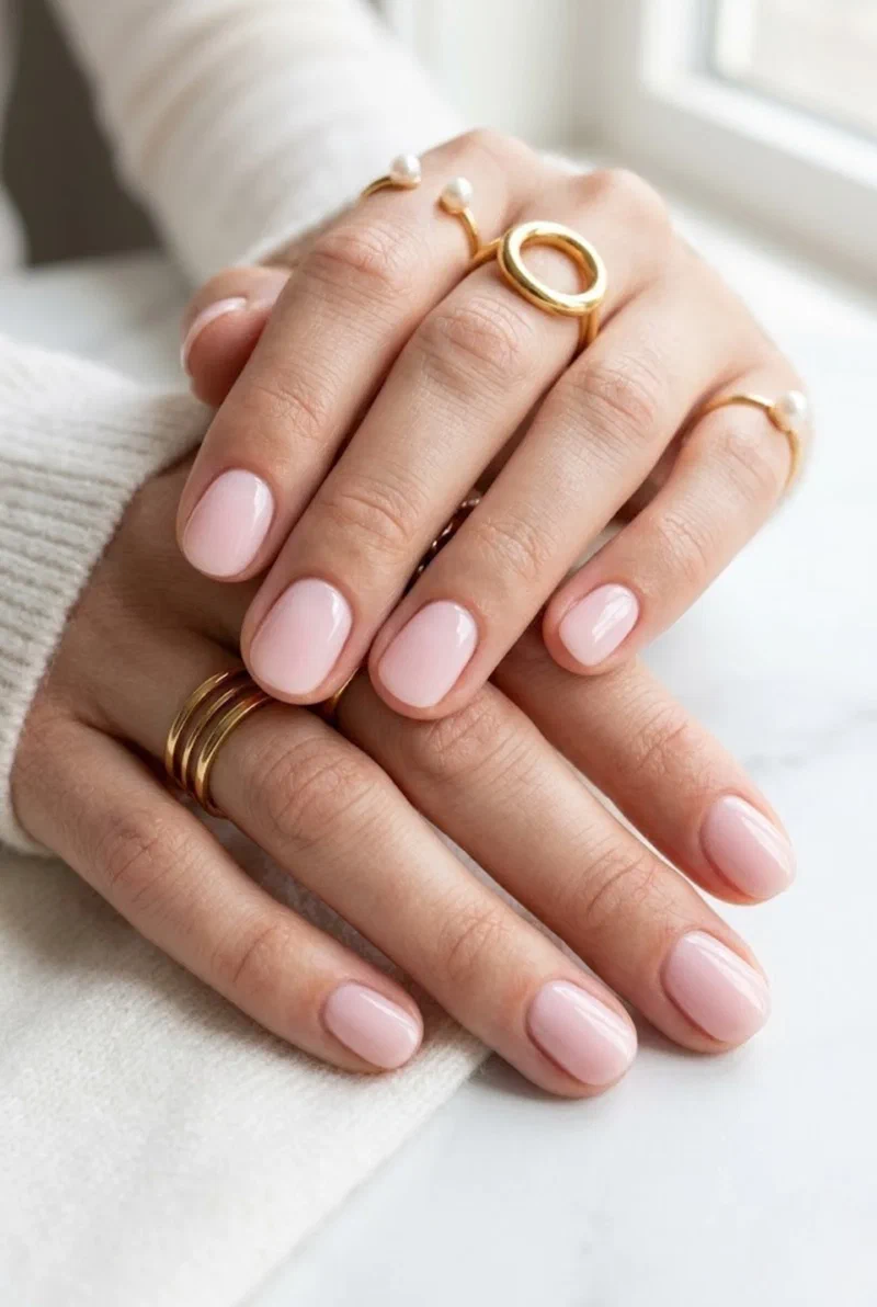 Milky pastel pink nails on short round nails