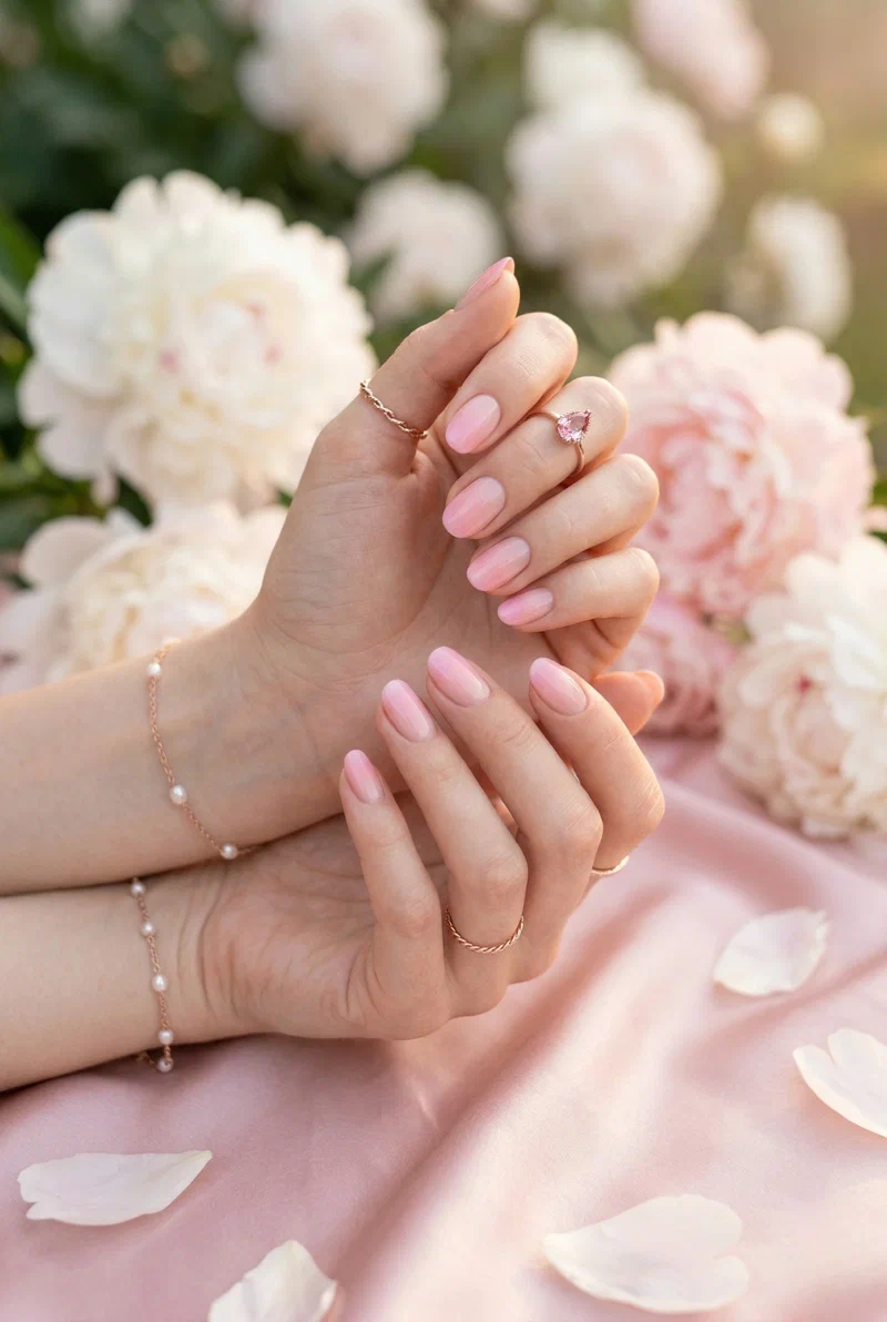 Ombre gradient tip nails fading from pastel to nude on short nails