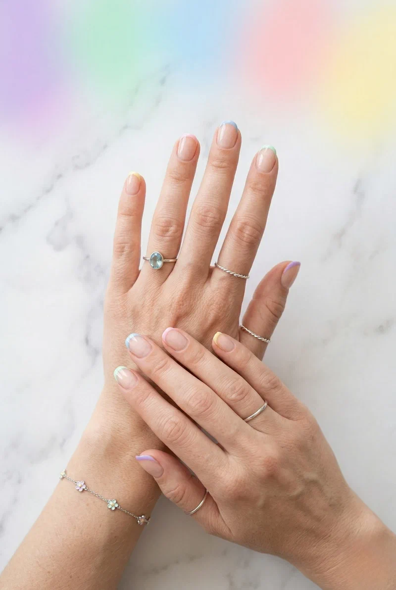 Pastel colored French tip nails on short squoval nails