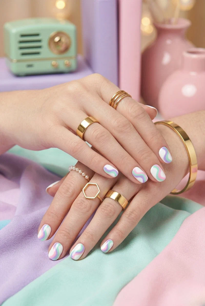 Pastel colored swirl nail art on white base short nails