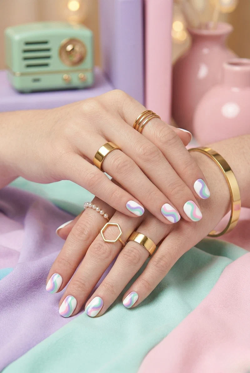 Pastel colored swirl nail art on white base short nails