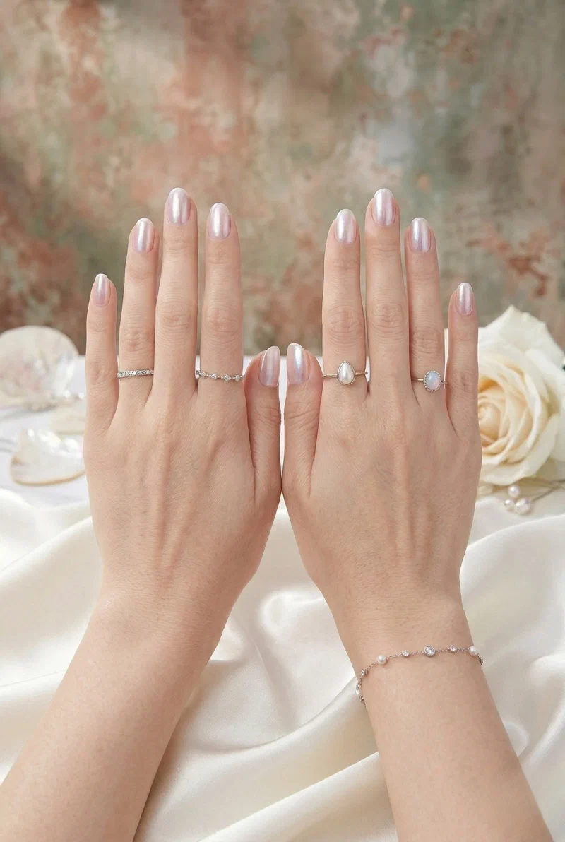 Pearl shimmer white nails on short almond nails