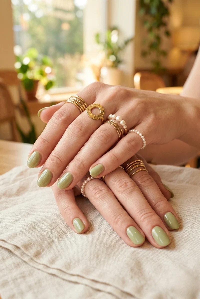 Pistachio green nails on short almond shaped nails
