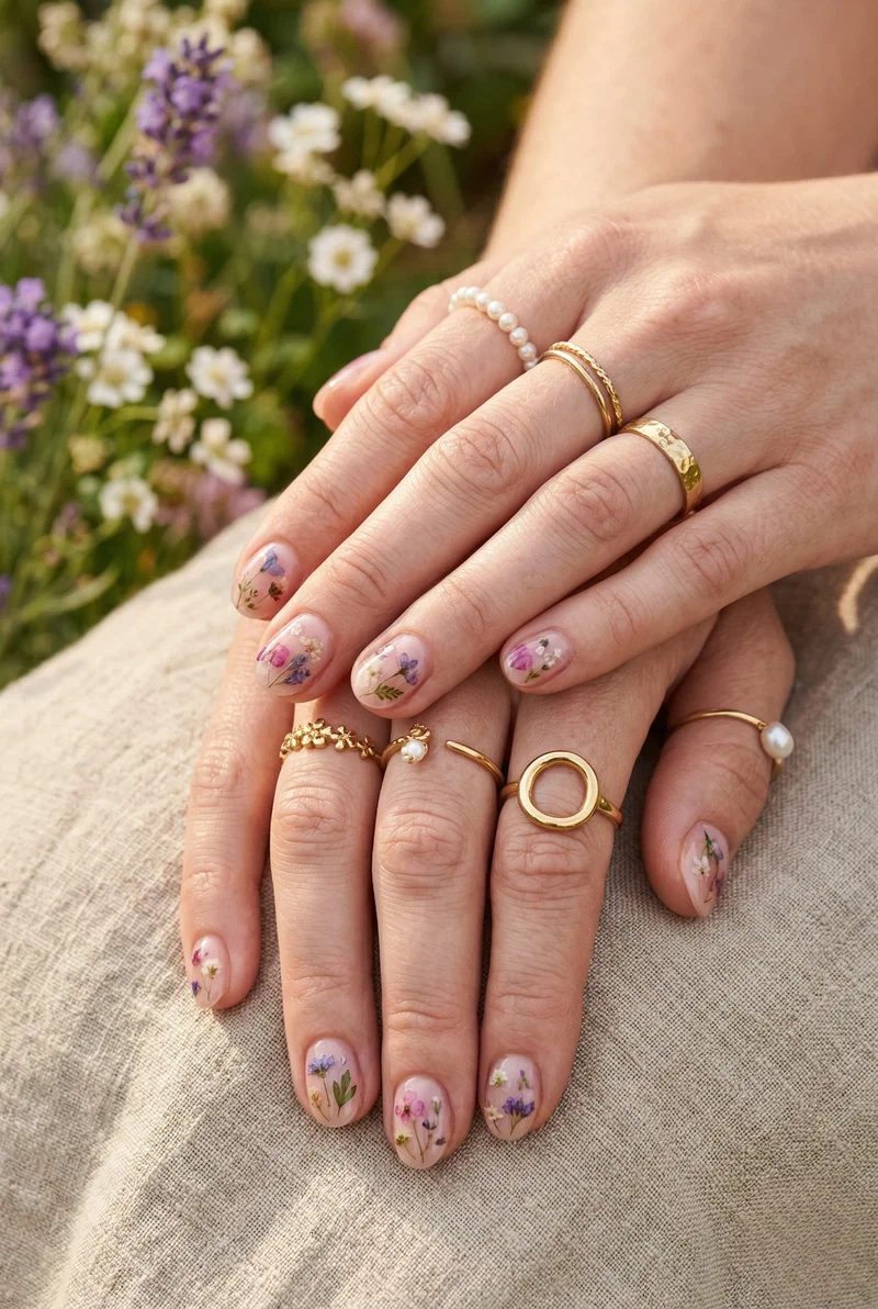 Pressed dried flower nail art on short nails