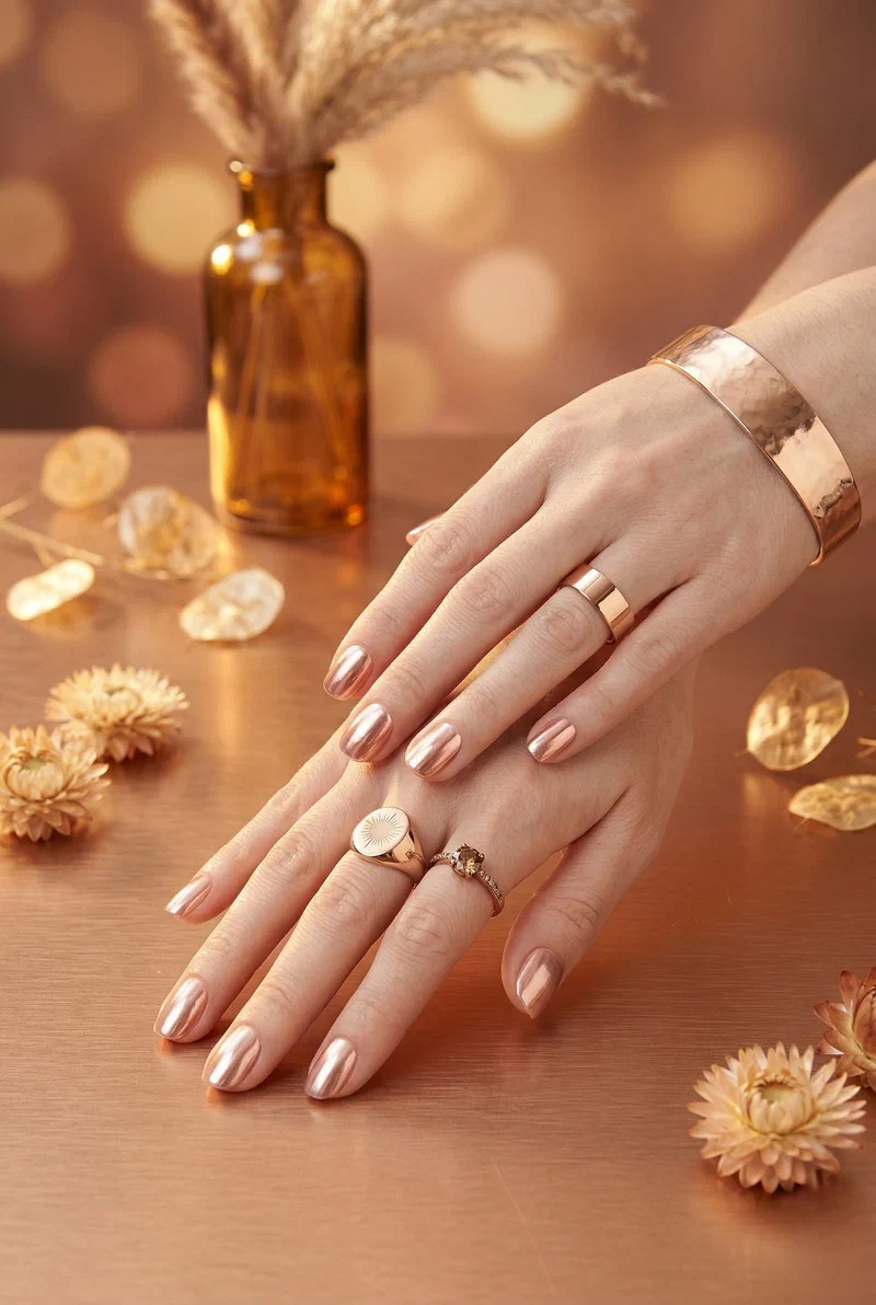 Rose gold metallic foil nails on short squoval nails