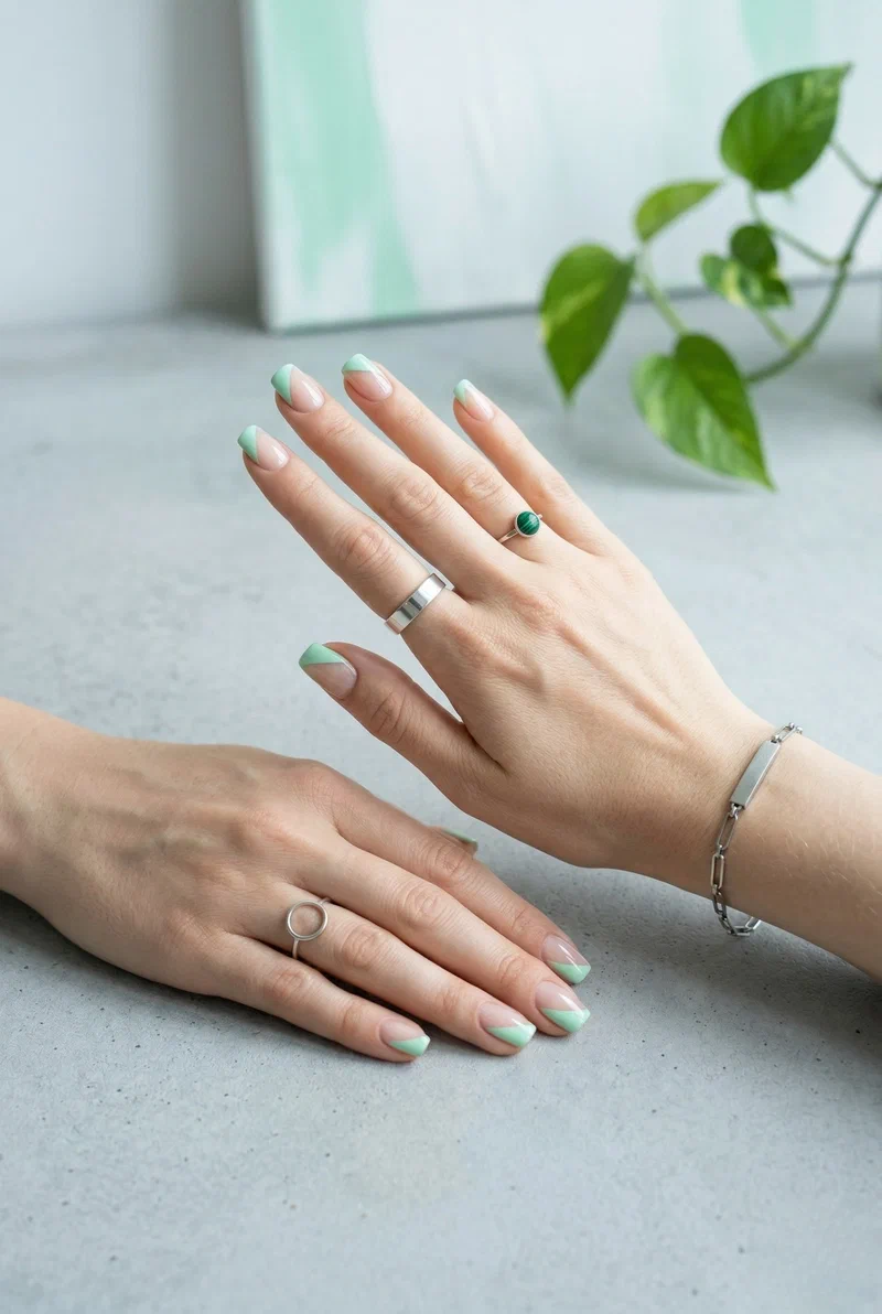 Side swoosh French tip design in pastel on short nails