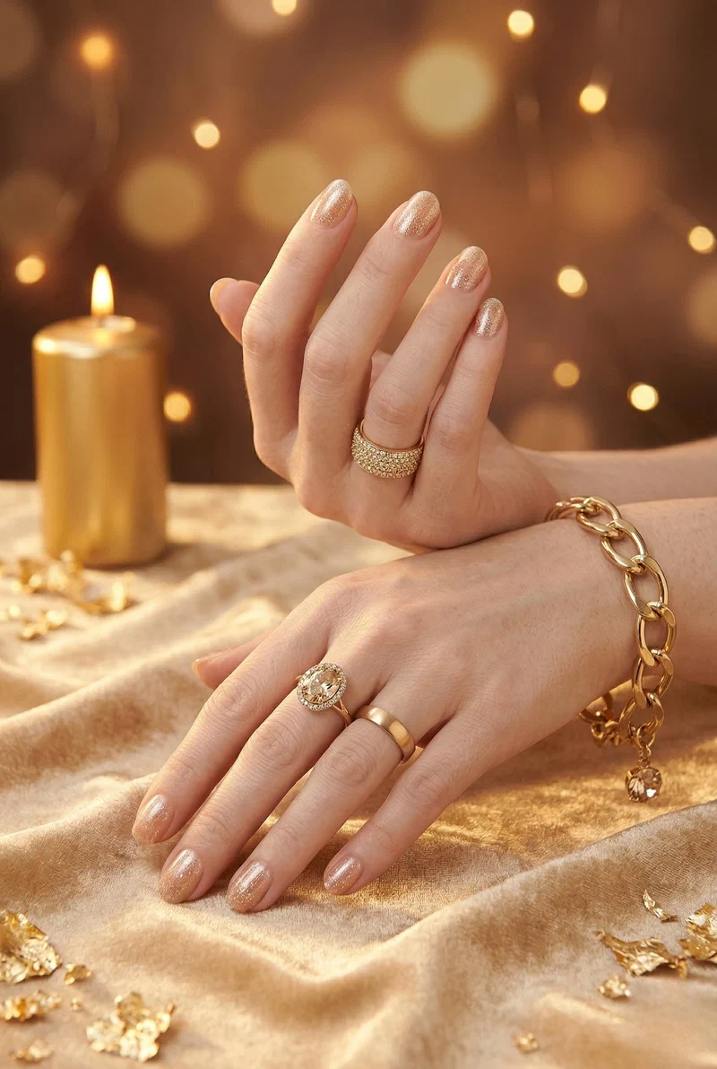 Soft champagne glitter shimmer nails on short round nails