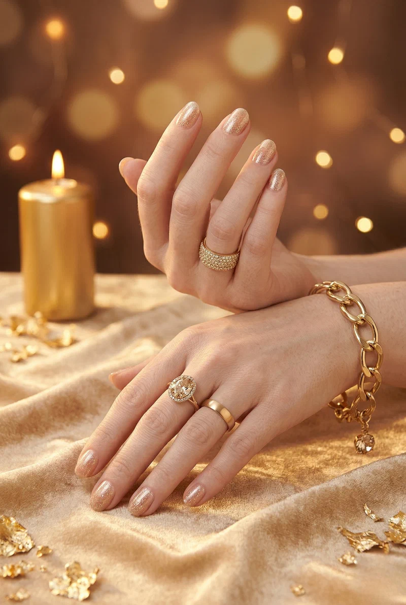 Soft champagne glitter shimmer nails on short round nails