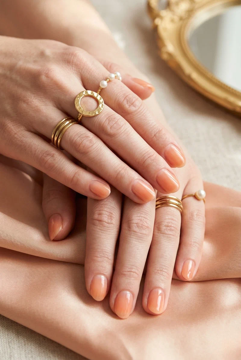 Sheer peach jelly nails on short oval nails
