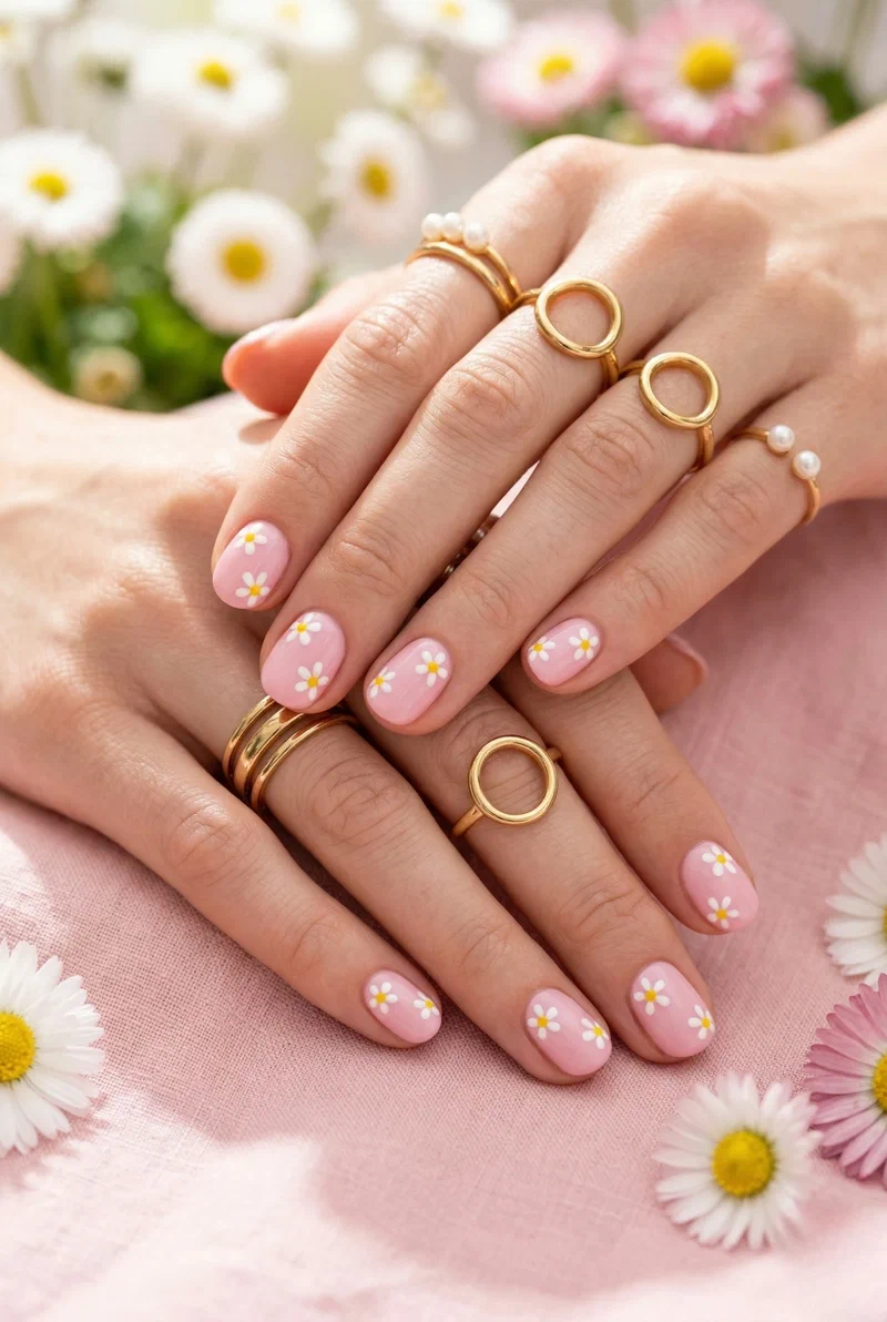 Tiny white daisy nail art on pastel pink short nails