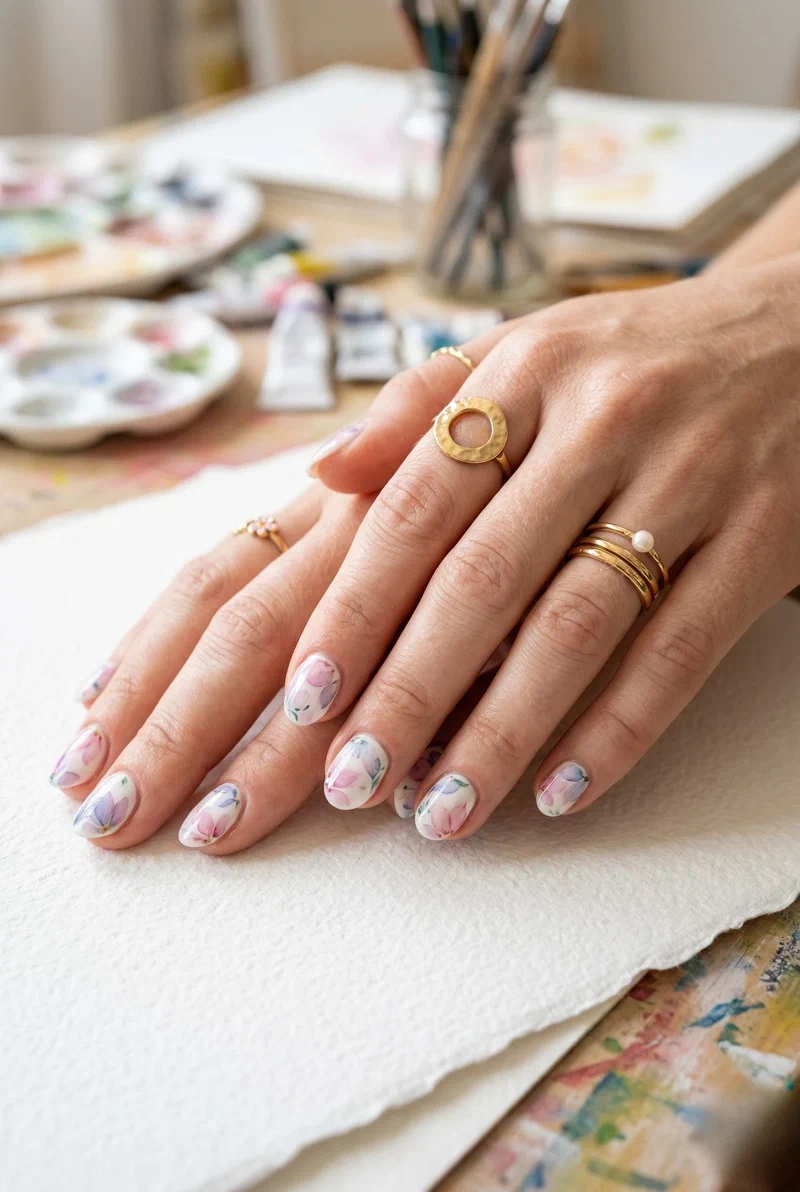 Watercolor floral nail art in pastels on short nails