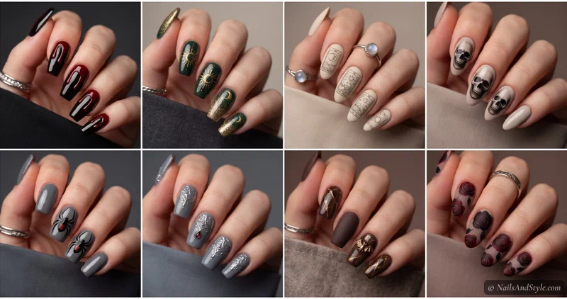 Four spooky Halloween nail designs — red blood drips on black, a white skeleton hand, a black widow spider, and a creepy eye