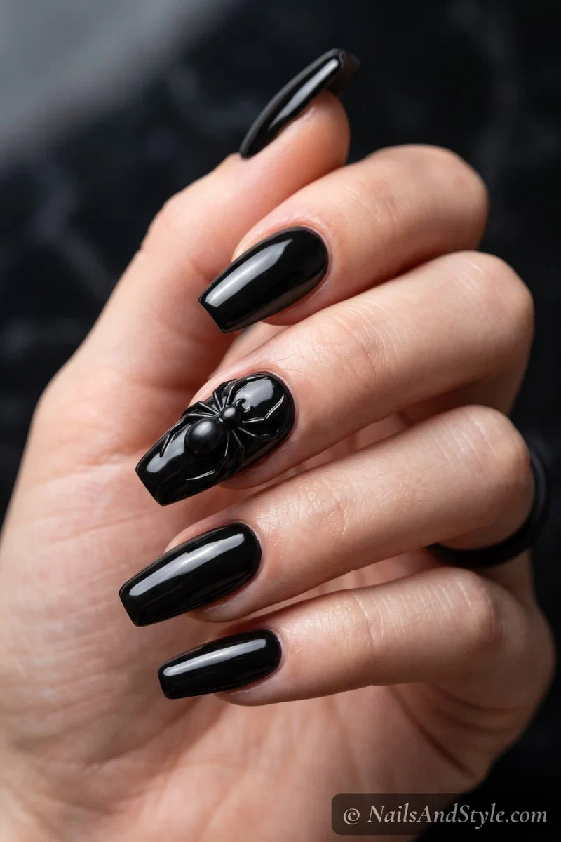 Black nails with a raised three dimensional spider sitting off the surface