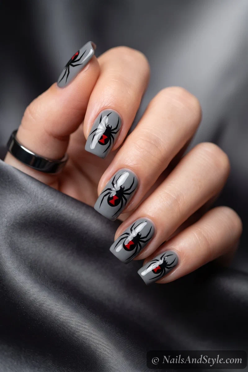 Grey nails with a black widow spider showing a red hourglass mark