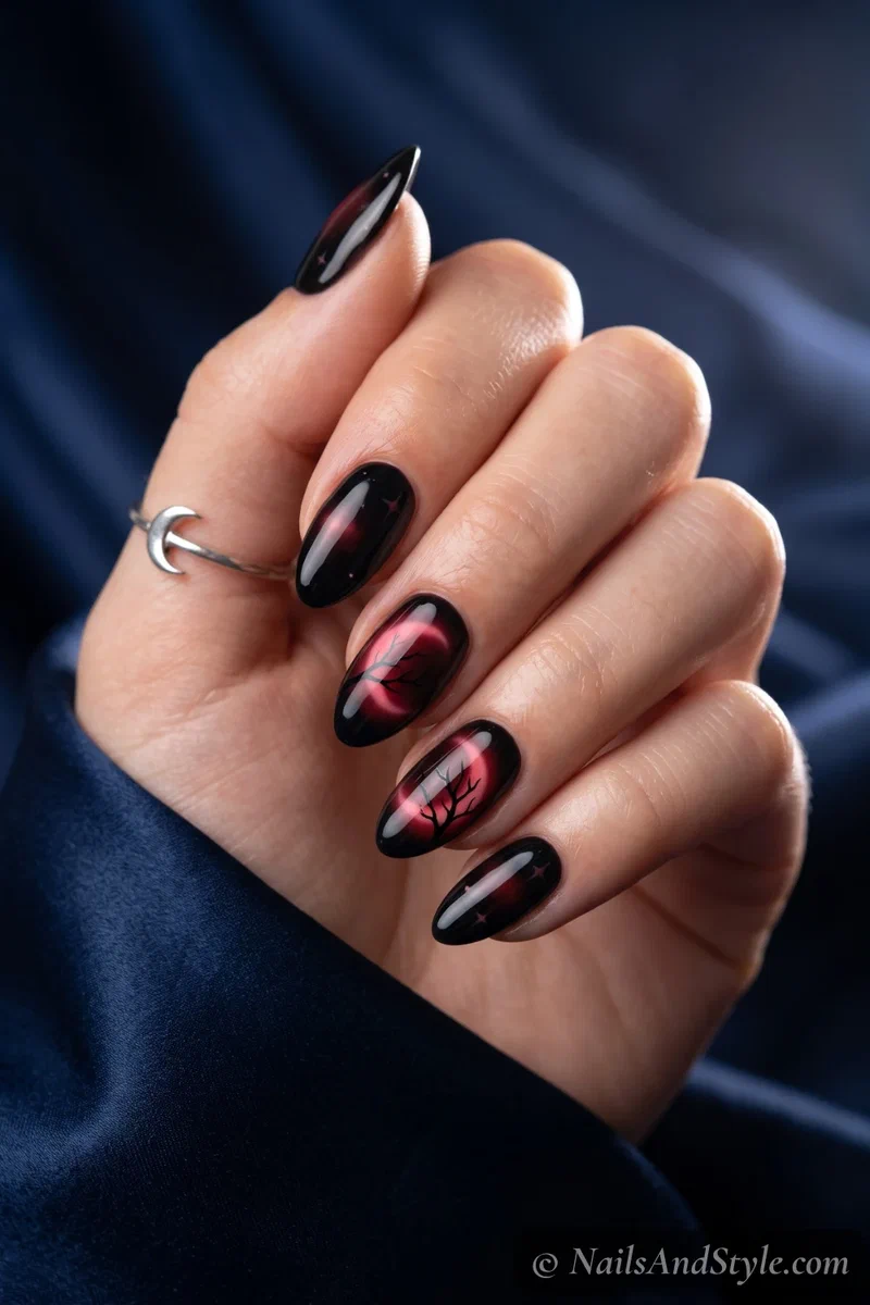 Black nails with a glowing deep red blood moon and a bare branch