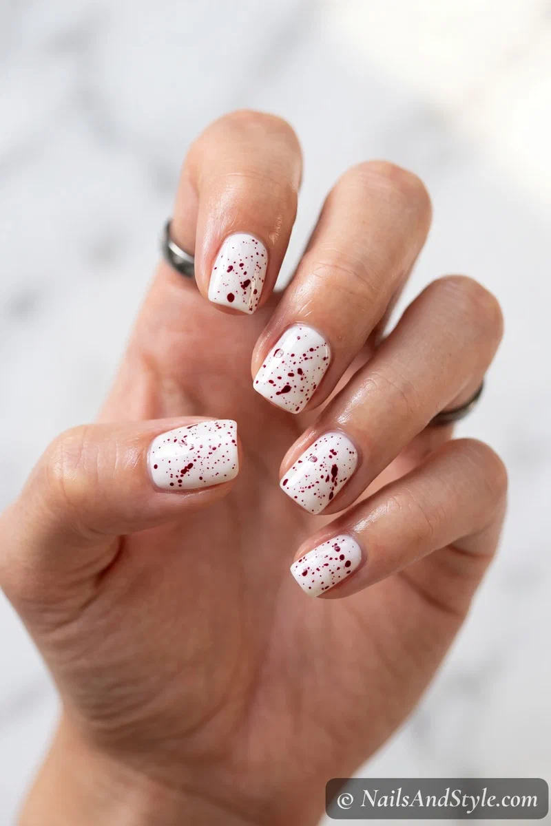 White nails with fine deep red blood splatter specks