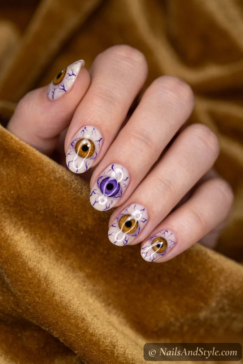 Pale nails with a detailed bloodshot eye with red veins