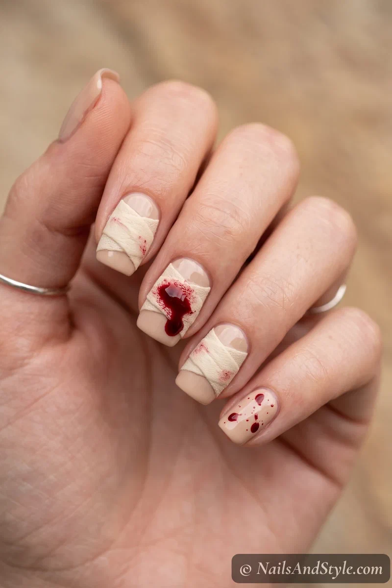 Beige nails with cream bandage wraps soaked through with red
