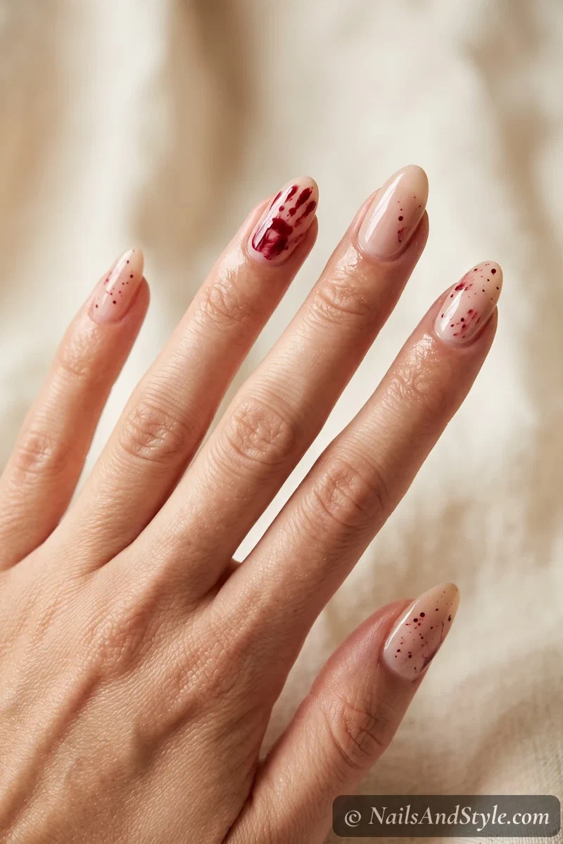 Pale nails with a smeared red handprint drag mark