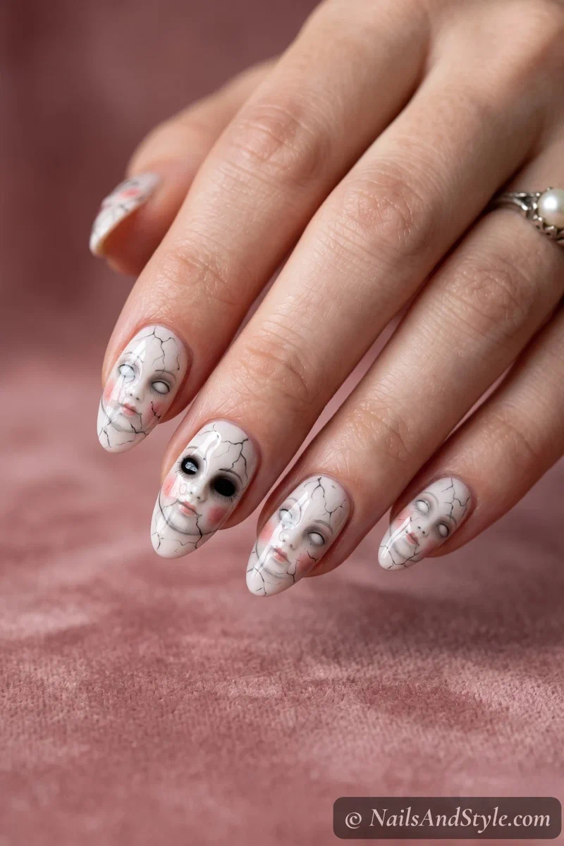 Pale nails with a cracked porcelain doll face with blank eyes