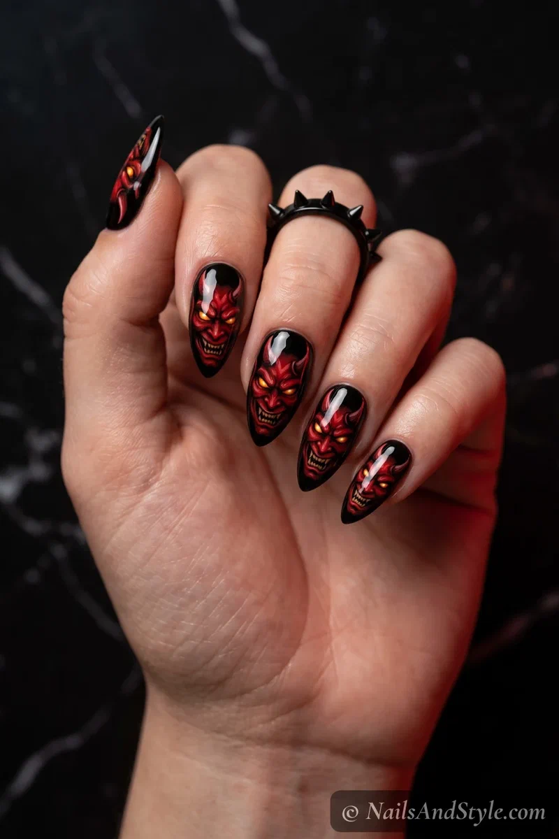 Black nails with a snarling red demon face with horns and glowing eyes