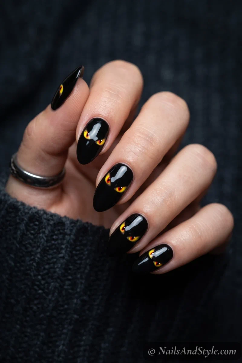 Black nails with pairs of glowing narrowed evil eyes peering out