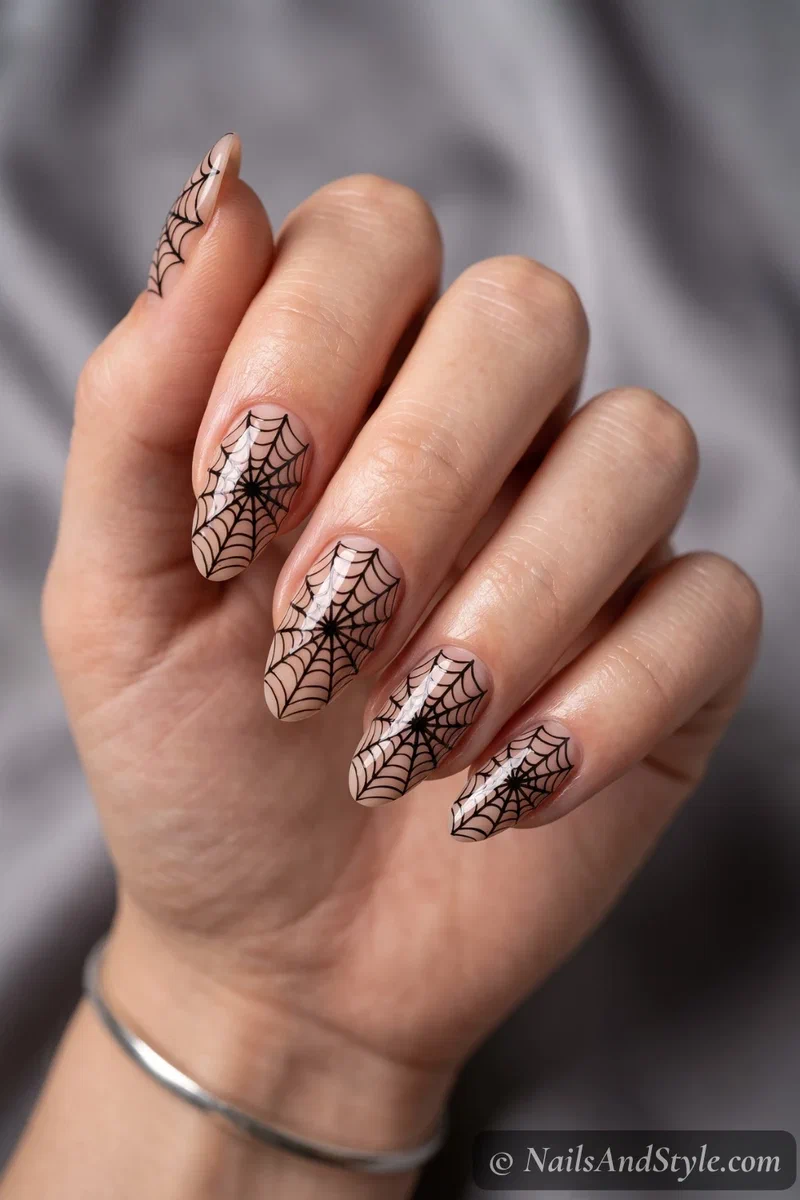 Nude nails with an intricate full black spider web covering each nail